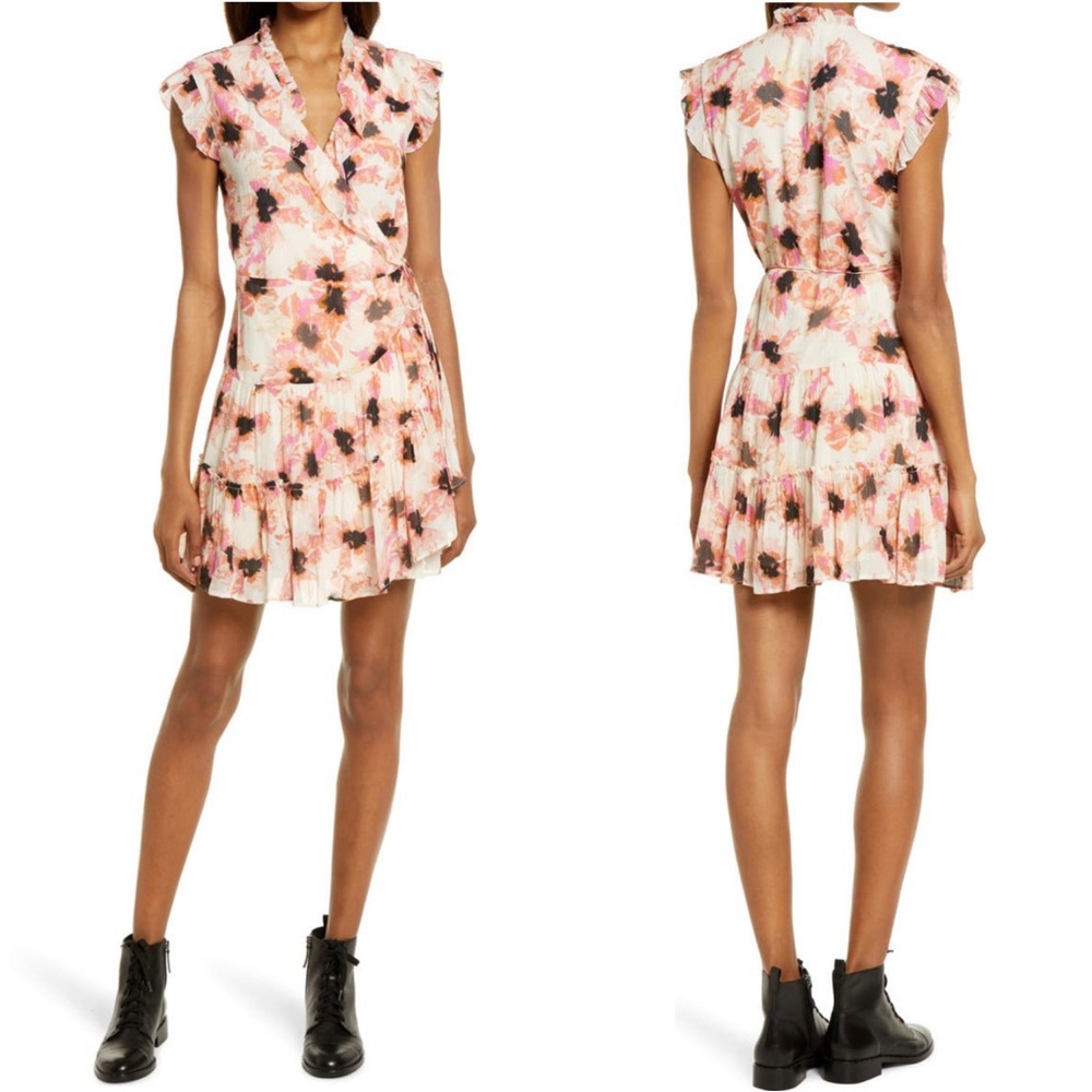 ALLSAINTS Marie Stella Floral Ruffle Wrap Dress Bright Pink